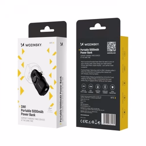 Wozinsky WF16-YLS 5000mAh 15W Lightning Mini Power Bank, jossa on sisäänrakennettu USB-C-kaapeli ja Apple Watch -laturi - musta