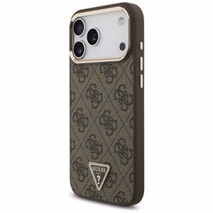 Guess PU Leather 4G Strass Triangle Logo Gold Frame MagSafe -kuori Apple iPhone 18 Pro Max -puhelimelle, ruskea
