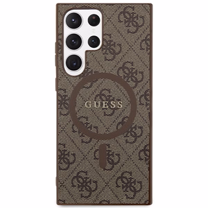 Guess 4G Collection Nahkainen Metal Logo MagSafe Suojakuori Samsung Galaxy S24 Ultralle - ruskea