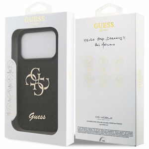 Guess PU Fixed Glitter 4G Metal Logo -kuori Apple iPhone 18 Pro -puhelimelle, musta