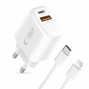 Tech-Protect NCA20 PD 20W QC3.0 USB-A / USB-C Wall Charger + USB-C / Lightning Cable 100cm - White