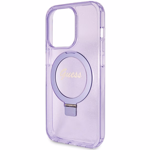 Guess Ring Stand Script Glitter MagSafe Suojakuori iPhone 15 Prolle - violetti