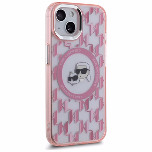 Karl Lagerfeld IML Monogram Karl & Choupette Head MagSafe Suojakuori iPhone 15 Plus:lle - Vaaleanpunainen