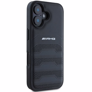 AMG Leather Debossed Lines Black Logo Suojakuori iPhone 16:lle - musta