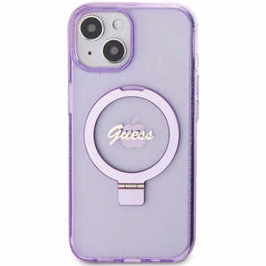 Guess Ring Stand Script Glitter MagSafe Suojakuori iPhone 15 Plus / 14 Pluslle - violetti