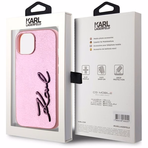 Karl Lagerfeld Wrinkled Metal Signature Suojakuori iPhone 15:lle - vaaleanpunainen