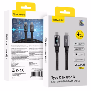 Blavec Zumi punottu kaapeli – Type C–Type C – PD 60W 3A, LCD-näyttö, 1 m, Apple CarPlay/Android Auto (CZU-CC3B10), musta