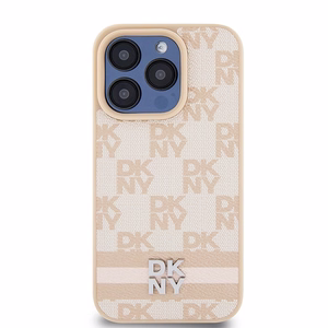 DKNY Nahkainen Ruudullinen Mono-kuvio ja Painetut Raidat Suojakuori iPhone 15 Pro Max:lle - vaaleanpunainen