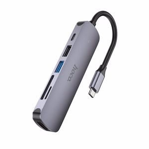 Sovitin Hoco HB28 Type-C monitoiminen HDMI+USB3.0+USB2.0+SD+TF+PD harmaa