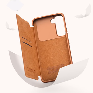 Nillkin Qin Nahka Pro Case Kotelo Samsung Galaxy S22+ (S22 Plus) Kamera Protector Holster Cover Flip Case Ruskea