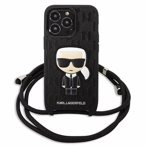 Karl Lagerfeld Leather Monogram Patch and Cord Iconik Case for iPhone 13 Pro / 13 - Black