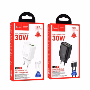 Phone charger Hoco USB A + USB C QC3.0 PD 3A 30W + cable USB C to USB C N63 white