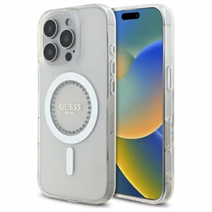 Guess IML Rhinestones MagSafe Suojakuori iPhone 16 Pro Maxille - valkoinen