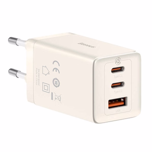 Seinälaturi Baseus GaN5 2x USB-C + USB, 65W + kaapeli 1m (valkoinen)