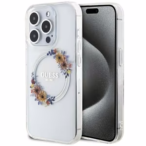 Guess Flowers Wreath MagSafe Suojakuori iPhone 15 Pro Max:lle - läpinäkyvä