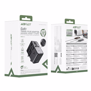 Acefast Z8 GaN 45W matka-sovitin 3x USB-C + 2x USB-A matka-verkkolaturi 2500W AC-pistorasialla - musta