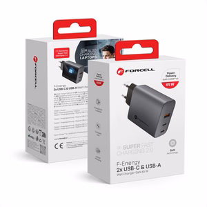 Puhelinlaturi Forcell F-Energy GaN 2 x USB C + USB A QC4.0 PD 4A 65W VT-42B harmaa