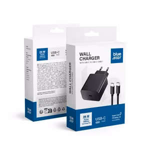 Blue Star USB-C QC3.0 PD 3A 20W seinälaturi USB-C - USB-C -kaapelilla TFB-TC-20WPD, musta