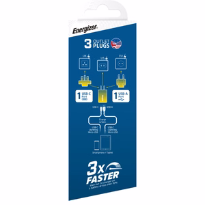Energizer Ultimate A38QMU GaN-matkalaturi EU-, UK- ja US-pistokkeilla, USB-C + USB-A, 38 W PD + QC 3,0, hopeanvärinen