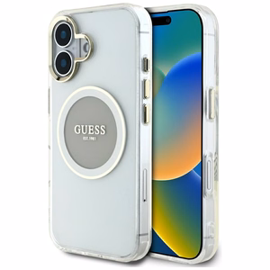 Guess IML Metal Colored Circle Classic Logo MagSafe Suojakuori iPhone 16:lle - harmaa