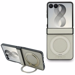 Beige Guess Magnetic Ring Stand Grained Classic Logo MagSafe -suojakuori Samsung Galaxy Z Flip8 -mallille