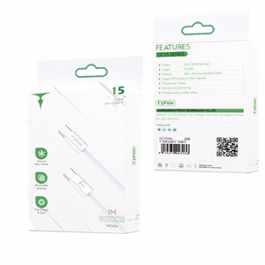 T-PHOX CC15-SARJAN USB-C/USB-C KAAPELI 60W 3A VALKOINEN