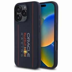 RED BULL suojakuori iPhone 16 Pro, MagSafe-yhteensopiva RBHMP16L24SIOLRV (silikoni, suuri pystylogo), tummansininen