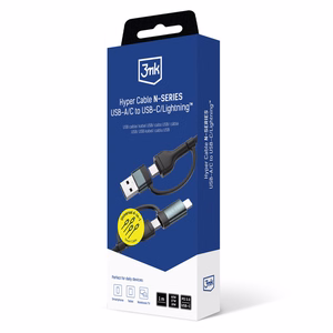 3mk Hyper Cable N-SERIES 2 in 2 USB-A / USB-C ja USB-C / Lightning 1.2m QC 3.0 9V/2A 60W - musta