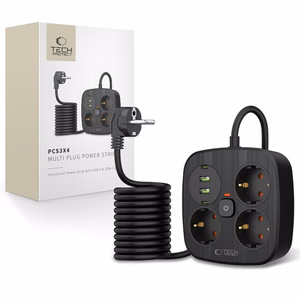Tech-Protect PCS3X4 jatkojohto 3 pistoketta 2xUSB-A 2xUSB-C 200 cm - musta