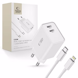 Tech-Protect C35W 2x USB-C PD 35W seinalaturi USB-C / Lightning kaapelilla - valkoinen