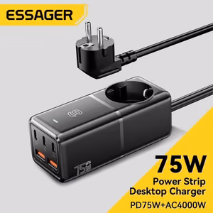 Laturi Essager Boru GaN musta 75W (3xPD / 2xQC3.0 / 4kW-16A-250V)