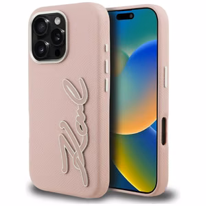 Karl Lagerfeld FW Grained Signature Logo Suojakuori iPhone 16 Pro Max - vaaleanpunainen