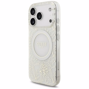Guess IML Flowers Allover Electroplated MagSafe suojakuori helminauhalla mallille iPhone 18 Pro / 17 Pro – väri: valkoinen