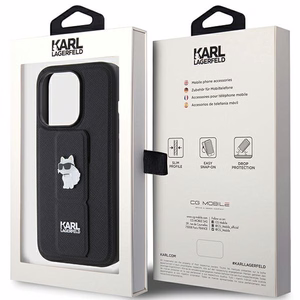 Karl Lagerfeld Gripstand Saffiano Choupette Pins Suojakuori iPhone 15 Pro Maxille - musta