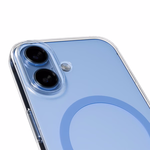 Puro Lite Mag TPU+PC suojakuori MagSafe-yhteensopiva iPhone 17:lle - läpinäkyvä sinisellä renkaalla