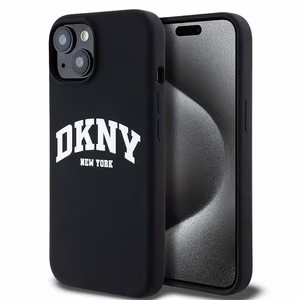 DKNY Liquid Silikoninen White Printed Logo MagSafe Suojakuori iPhone 14 / 15 / 13:lle - musta