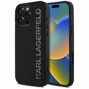 Karl Lagerfeld HC 3D Rubber Elongated Glitter Suojakuori iPhone 16 Prolle - musta