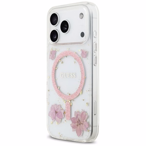 Guess Resin Flowers Glitter MagSafe -kuori iPhone 17 Pro pinkki