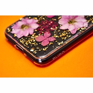 Puro Glam Hippie Chic case for iPhone XR, with real green flower petals