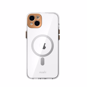 Moshi iGlaze suojakuori iPhone 14 Plus -laitteelle, MagSafe-yhteensopiva, läpinäkyvä Sunset Gold -yksityiskohdilla