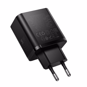 Hoco verkkolaturi 2x USB-C + USB-A QC3.0 PD 3A 65W N75 musta