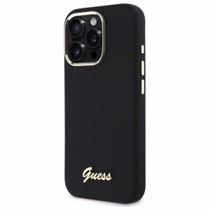 Guess Silikoninen Script Metal Logo & Frame Suojakuori iPhone 16 Pro Max:lle - musta