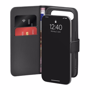 Puro Wallet Stand suojakuori iPhone 17 Air:lle - ekotekonahkainen lompakko- ja jalustakuori, musta