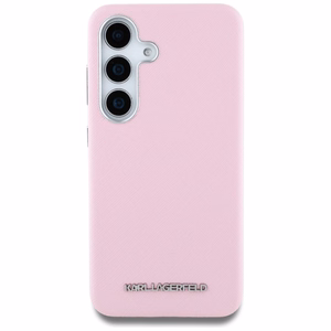 Karl Lagerfeld Saffiano Full Wrapped Elongated Metal Logo MagSafe Suojakuori Samsung Galaxy S25:lle - vaaleanpunainen