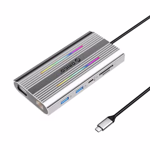 Orico XDR 12-in-1 RGB USB-C-telakointiasema USB-A USB-C PD 100W 2x HDMI 4K 60Hz VGA RJ45 Gigabit SD- ja microSD-kortinlukija - harmaa
