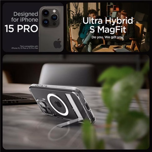 Spigen Ultra Hybrid S MagSafe Suojakuori jalustalla iPhone 15 Pro:lle - Läpinäkyvä