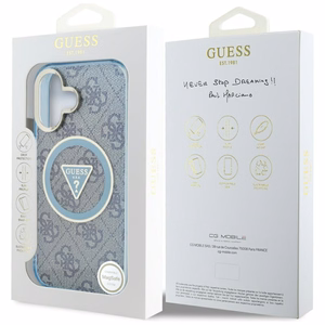Guess IML Metal Glitter 4G Circle Triangle MagSafe Suojakuori iPhone 16:lle - Sininen