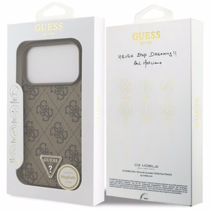 Guess Leather 4G Triangle Strass MagSafe -suojakuori iPhone 18 Pro / 17 Pro – ruskea