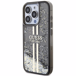 Guess Liquid Glitter Gold Stripes suojakuori iPhone 15 Pro:lle - musta