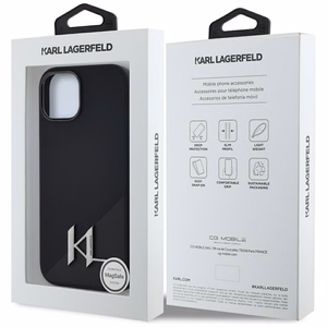 Karl Lagerfeld suojakuori iPhone 15:lle MagSafe-tuella KLHMP15SSCMKMPCK (Silicone Initial Metal Logo) - musta